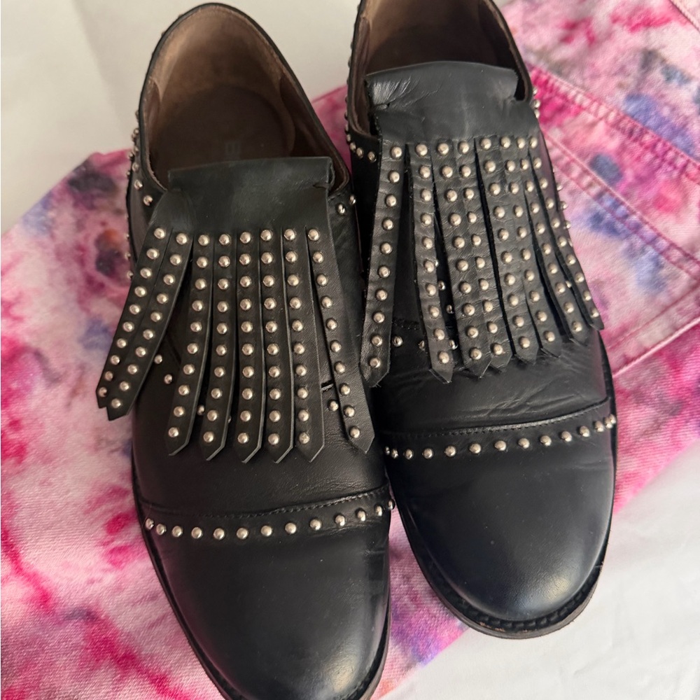 Black Studded Fringe Leather Loafers